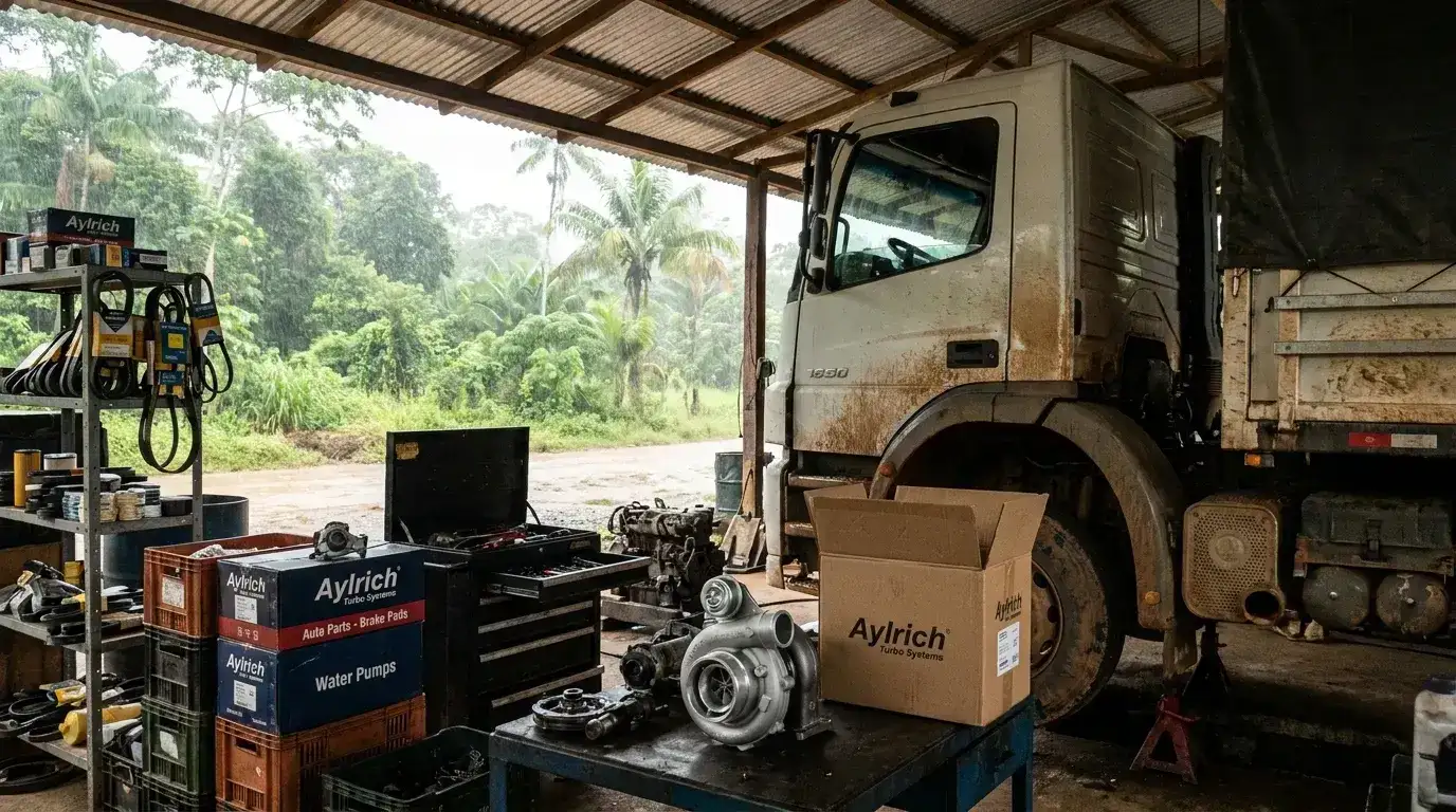 Aylrich turbocharger replacement and automotive parts prepared for shipment, designed for durability in South America's extreme climate conditions.