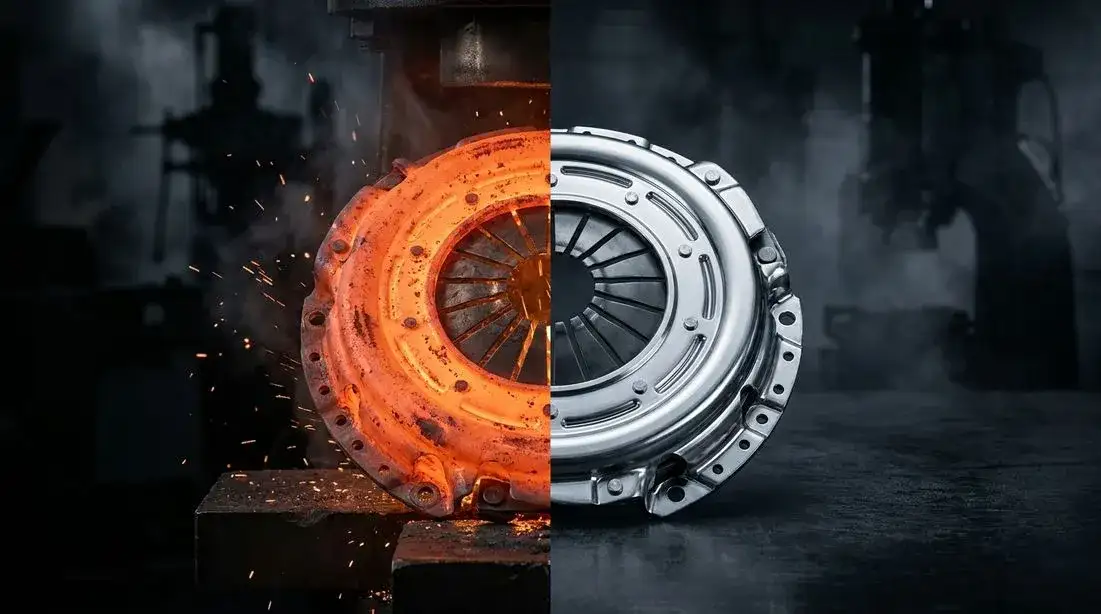 Plato de presión de embrague forjado premium de Aylrich Technology, que ilustra la transición de fabricación desde el calor incandescente del forjado en bruto hasta un conjunto de embrague de posventa para servicio pesado, pulido y terminado.